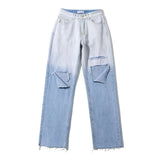 Zingj Trendy Women's Jeans, High Waist, Loose Style, Gradual Color Knee Hole, Rough Rim, Straight