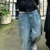 Baggy Casual Wide Leg Jeans Women Street Retro Hip Hop Embroidery Jeans Trend Fashion Black High-waist Jean Y2k Men