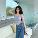 Yarn Short-sleeved T-shirt Women Slimming Korean Retro Square Collar Short Ruffle Folds Crop Top For Kawaii Girl Top