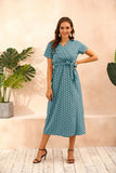 2021 Summer Fashion Sexy V Neck Short Sleeve Women's Split Dress Bohemia Casual Belt Empire Polka Dot Print Ladies