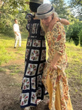 Women Retro Print Flying Sleeve Ruffles Long Dress Elegant Square Neck Back Hollow Out Bow Vestido Summer Lady Chic Holiday