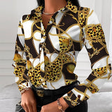 Turn-down Collar Elegant Women Blouse Casual Button Long Sleeve Autumn Tops Blusas Lady Chain Leopard Print Office