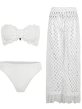 New Summer Women Sexy Three Pieces Bikini Set With Pants White Tube Top with Hole Pants Suit Female Solid Bikini