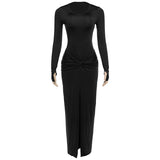Women's 2025 Summer New Round Neck Fashion Sexy Body Folding Fork Long Sleeve Skirt