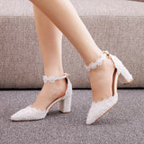 Cm White Lace Tip Hollow Women's Shoes Lace Wedding Dress Shoes Spring Coarse Square Root Tips