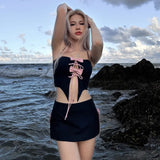 Black Halter Bow Tie Up Top And Mini Skirt Set-Outfit