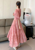 New French Vintage Midi Dresses for Women 2023 Elegant Chic Flower Printed V-neck Fashions Sweet Casual Female