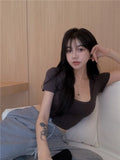 T Shirt Women's Fashion Short Navel Tight Hot Girl Square Neck Sexy White Short Sleeve Top New Summer Tees 2021