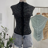 Drilling Sleeveless Vest Wearing Half-High Neck Net Yarn Slime Folded T-Shirt Blouse Female