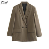 Women Fashion Double Breasted Solid Loose Blazer Coat Office Lady Notched Collar Outerwear Chic Veste Suits Tops