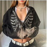 Korean Style Loose Skeleton Zip Up Hoodie Goth Grunge Long-Sleeved Hooded Jacket Retro Black Oversized Sweatshirt