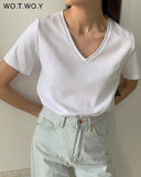 2022 Summer Casual Solid V-Neck T-shirt Women Knitted Cotton Basic Short Sleeve Tops Female Soft White Tee Shirt