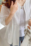 Summer Lace Women Shirts and Blouses 2023 Korean Stylish Half Sleeve Cardigan Hollow Cotton Fashion Sunscreen Tops