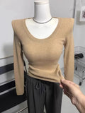 Photos U-neck Knitted Sweater For Women's Autumn Long Sleeved Top Girls Simple Base Jumper