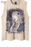Street Graffiti Y2k Vintage Print Casual American Women Tanks Tops Hip Hop Couples Loose Vest Summer Sleeveless