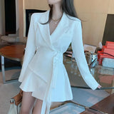 Women Blazer Dress long slim Patchwork Asymmetry Vintage Women Coat Jackets Black Apricot Bandage Fashion