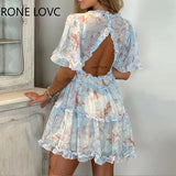 Women Floral Print Frill Hem Backless Casual Dress Mini Dress Women Summer
