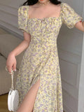 Summer Floral Print Casual Midi Dress Short Sleeve Elegant Sexy Party Beach Maxi Vestidos Female Fashion Prom