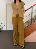 Summer Baggy Wide Leg Pants Women Casual Trousers Green Brown Purple Blue Black Drawstring Pants