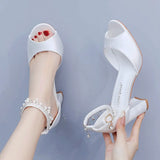 Cm Fish Mouth High Heel Sandals Shallow Large-Size Round-Headed Beaded Thaigou High Heels Bridal Wedding Silk Satin