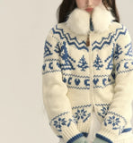White Jacquard Zipper Cardigan- Outfit