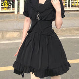 Black Lolita Dress Women Korean Style Puff Sleeve High Waist Party Dress Summer Vintage Sweet Ruffle Kawaii Fairy