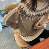 Winter Fashion Vintage Women Geometric Print O-neck Pullover Long Sleeve Loose Knitted Oversize Sweater