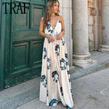 2023 Print Backless Dress Woman Ruched Halter Long Dress Women Off Shoulder Midi Summer Dresses Sexy Beach Party