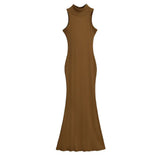 Zingj Trendy Women's Dress Is Full Of Style, Elastic, Slim, Half-High Collar, Sleeveless Vest, Long Skirt, Buttocks, Fishtail