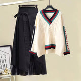 Zingj Women Winter Patchwork Long Sleeve Knitted Tops + Asymmetric Skirt 2 Piece Suit Female Party Elegant Two Piece Set 102-1-Outfit