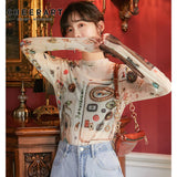 Autumn Long Sleeve Mesh Top Women 2020 Graphic T Shirt Print Tshirt Vintage Ladies Top Aesthetic Tee Shirt