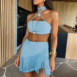 Sexy Tassel Women Two Piece Bikini Set Halter Lace Bra Tassel Mini Skirt Suit Beach Vacation Casual Female Bathing