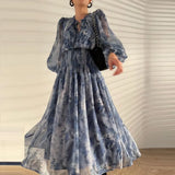 Style Elegant Print Dress for Women 2023 Summer Fashion Chic Long Sleeve Lace-up Female Dress Temperament Midi