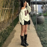 Number Printed One Shoulder Loose Sweatshirt- Outfit