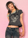 Shoulder Sexy Vintage Print Tee Shirts Summer Y2k Aesthetic Button Tshirts Women Slim Harajuku Streetwear Grunge Cropped