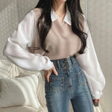 Polo Collar Patchwork Long Sleeve BlouseOutfit