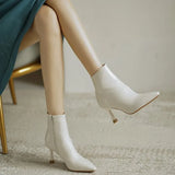 Zingj Heel Ankle Boots Women Korean Version Of Autumn And Winter New Ankle Boots Small Heel White Pointed French Thin Heel Side Zipper Martin Boots Women-Outfit