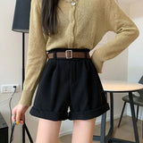 Shorts Women Retro High Waist Casual Wide Leg Fashion Solid All-match Ladies Ulzzang Simple Loose Streetwear