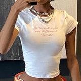 Vintage Goth Graphic embroidery T Shirt Women Y2k Crop Top O-neck Tshirt Streetwear Short Sleeve T-shirt Aesthetic