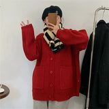 Zingj Women 2024 Autumn / Winter New Sweater Lazy Wind Large Pocket Korean Version V-Neck Loose Show Thin Coat Female-Outfit