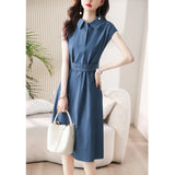 Fan Short Sleeve Polo Collar Shirt Dress 2025 Spring And Summer High-Sunny Bag Hip Tie Mid-Long