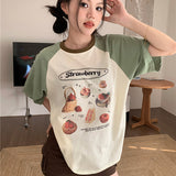 Summer Japanese Contrast Color Loose T-shirts Casual O Neck Cropped Tops Women Short Sleeve Y2k Aesthetic Kawaii Print