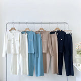 New Fashionable Casual Sports Knitted Two Piece Set Women's Single Breasted Round Neck Knit Cardigan + Wide Leg Pants