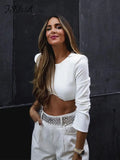 2021 Diamond White Long Sleeve Crop Top Women Fashion Elegant Autumn Winter 90s T Shirts Sexy Casual O