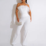 Feather Patchwork Lace-up Office Jumpsuit Summer New Women Solid Romper Overalls Sexy Sleeveless Wrap Wide Leg
