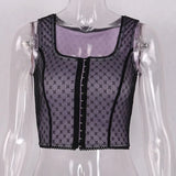 2000s Mesh Crop Tops Square Collar Sleeveless Single-breasted Front Tanks Tops Vintage E girl Cropped Tops Cute
