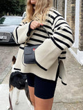 2021 Autumn Winter Oversized Knitted Pullover Women Turtleneck Long Sleeve Khaki Striped Loose Sweater Casual