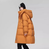 Long Down Jacket Female 2024 Winter New Fashion Hoodie Loose And Thick White Duck Velvet Over The Knee Coat Tide-Outfit