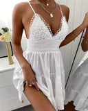 Summer Dress Solid Color Crochet Spaghetti Strap V-Neck Backless Tied Braces Short Dress for Girls