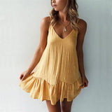 Spaghetti Strap Ruffle Dress Women Summer Dress Cotton Linen Vestidos Green Dresses Off Shoulder Sexy Mini